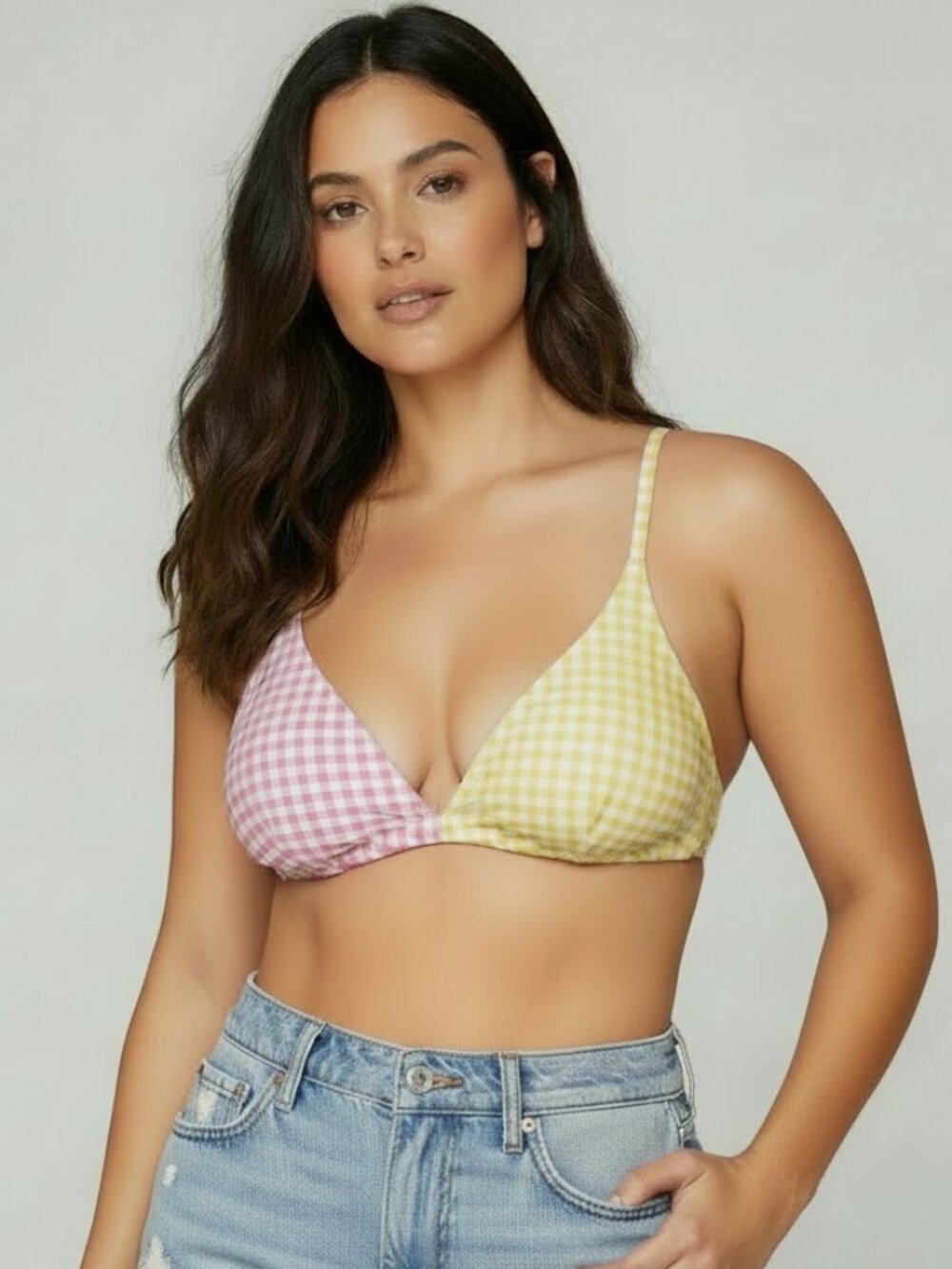 AQUA Color Block Gingham Bikini Swim Top Pink Yellow XL NWT